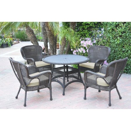 Jeco 5 Piece Windsor Espresso Wicker Dining Set with Tan Cushion W00215-D-G-FS006